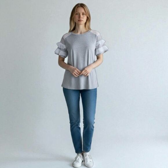 XL Grey Gray Mesh Ruffle Blouse - Picture 7 of 7